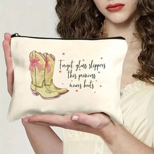 Cream & Pink “Forget Glass Slippers, This Princess Wears Boots” Cosmetic Bag